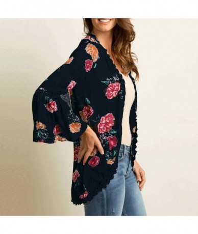 Board Shorts Chiffon Shawl Print Lace Kimono Cardigan Cover Up Flare Sleeve Beachwear Women - Black - CI18OM8QKTX $35.48