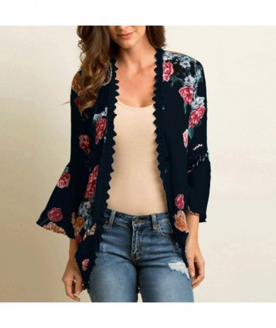 Board Shorts Chiffon Shawl Print Lace Kimono Cardigan Cover Up Flare Sleeve Beachwear Women - Black - CI18OM8QKTX $35.48