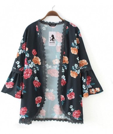 Board Shorts Chiffon Shawl Print Lace Kimono Cardigan Cover Up Flare Sleeve Beachwear Women - Black - CI18OM8QKTX $35.48