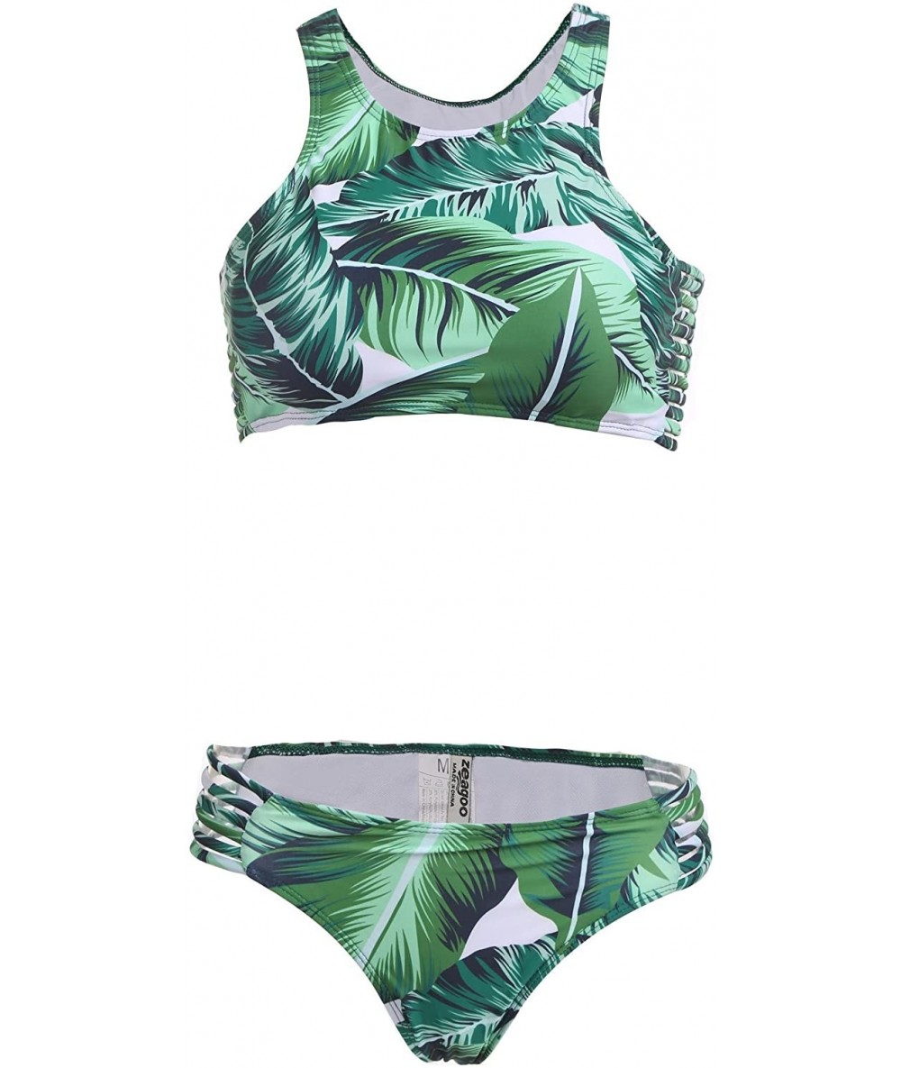 Sets Women's Swimsuit High Neck Racerback Printed Cut Out Bikini Set-Mothers Day Gift - Green - CI1846548RN $40.76