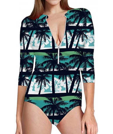 One-Pieces Hawaii Women's One-Piece Surfing Swimsuit Seven-Quarter Sleeve Front Zip Sun Protection Bathing Suit - Hawaii 9 - ...