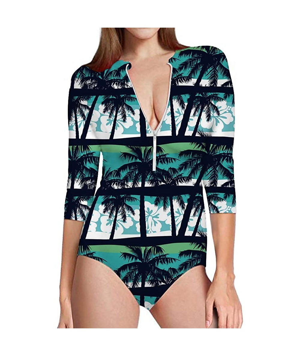 One-Pieces Hawaii Women's One-Piece Surfing Swimsuit Seven-Quarter Sleeve Front Zip Sun Protection Bathing Suit - Hawaii 9 - ...