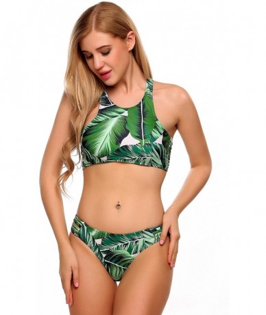 Sets Women's Swimsuit High Neck Racerback Printed Cut Out Bikini Set-Mothers Day Gift - Green - CI1846548RN $40.76