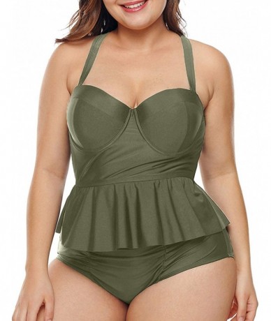 Bottoms Womens Plus Size Halter Neck Peplum Tankini Two Piece Bathing Suit Swimwear Swimsuit(M-XXXL) - Green - CS18MH5TOO3 $4...