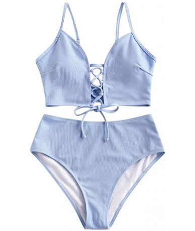 Sets Women's Bathing Suit Adjustable Lace Up Two Piece Bikini Set Solid Straps Swimsuit Beach Swimwear - Blue - CV19640SL4R $...