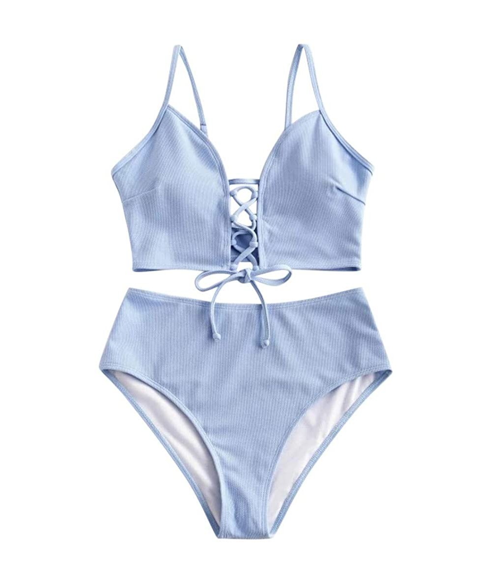 Sets Women's Bathing Suit Adjustable Lace Up Two Piece Bikini Set Solid Straps Swimsuit Beach Swimwear - Blue - CV19640SL4R $...