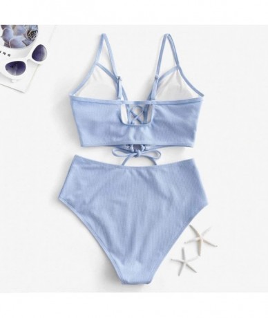 Sets Women's Bathing Suit Adjustable Lace Up Two Piece Bikini Set Solid Straps Swimsuit Beach Swimwear - Blue - CV19640SL4R $...