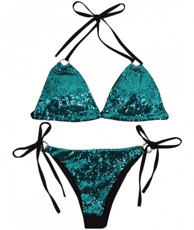 Sets Women Sequin Halter Bikini Set Sexy Triangle Swimwear Bathing Suit - Green - CL18DDIGCL6 $29.85