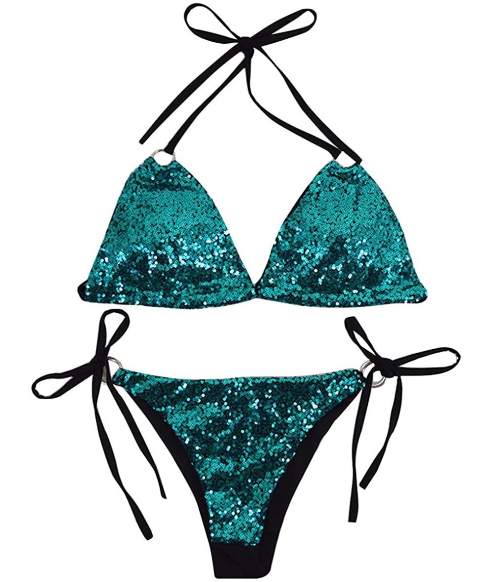 Sets Women Sequin Halter Bikini Set Sexy Triangle Swimwear Bathing Suit - Green - CL18DDIGCL6 $29.85