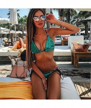 Sets Women Sequin Halter Bikini Set Sexy Triangle Swimwear Bathing Suit - Green - CL18DDIGCL6 $29.85