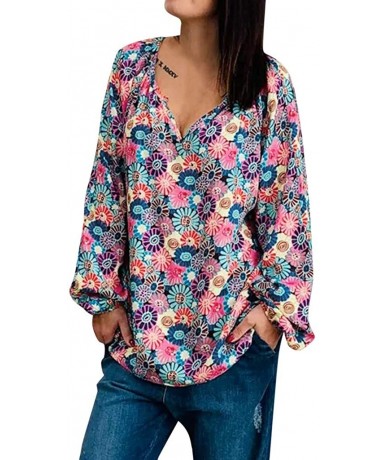 Cover-Ups Floral Blouses for Womens Leaves Feather Flared Long Sleeve V Neck Bandage Drawstring Tunic Tops Casual Tshirt 12 B...