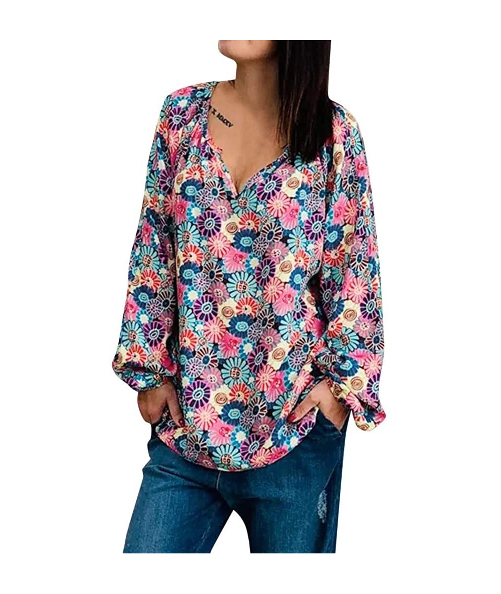 Cover-Ups Floral Blouses for Womens Leaves Feather Flared Long Sleeve V Neck Bandage Drawstring Tunic Tops Casual Tshirt 12 B...