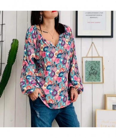 Cover-Ups Floral Blouses for Womens Leaves Feather Flared Long Sleeve V Neck Bandage Drawstring Tunic Tops Casual Tshirt 12 B...