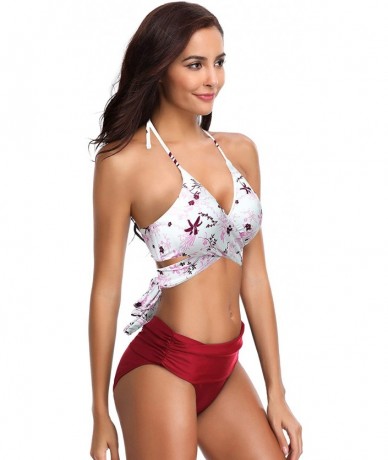 Sets Women's Push-up Halter Bandage Bikini Swimsuits Ruched Swim Bottoms - Wine Red Printing - CF18OZDK0ZN $45.47