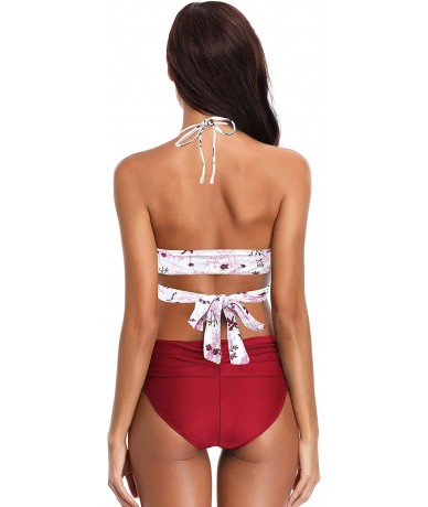 Sets Women's Push-up Halter Bandage Bikini Swimsuits Ruched Swim Bottoms - Wine Red Printing - CF18OZDK0ZN $45.47