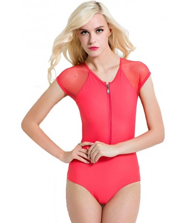 One-Pieces Women's Zip Front Floral Long Sleeve Rashguard One Piece Swimsuit Surf Suit Top - Red(188) - CS18QWHT3MR $35.77