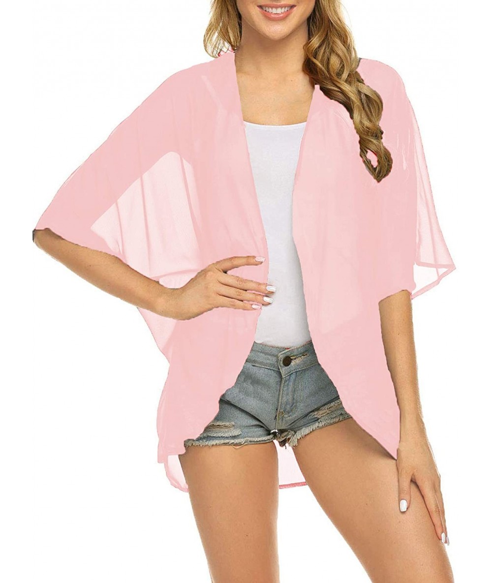 Cover-Ups Womens Floral Chiffon Kimono Cardigans Loose Sheer Summer Beach Coverups (S-XXL) - Pink - CE1987Q3E90 $32.39