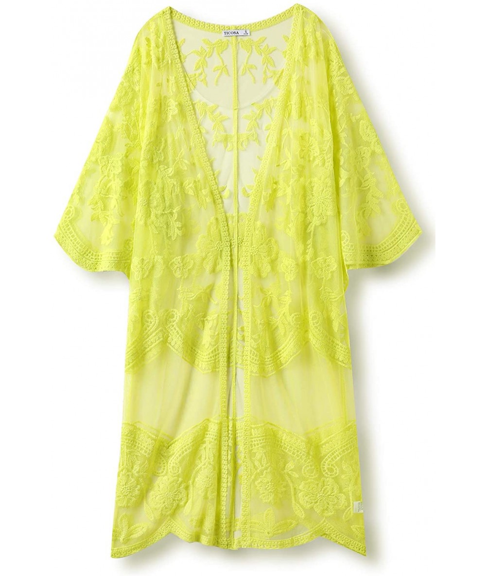 Cover-Ups Women's Lace Cardigan Floral Open Stitch Crochet Vest Beach Wear Cover Up Kimono with Half Sleeves - Neon Yellow - ...