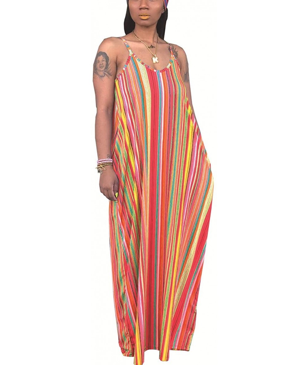 Cover-Ups Women's Sexy Maxi Long Dresses Casual Spaghetti Strap Striped Floor Length Plus Size Long Sundress Pockets - Orange...