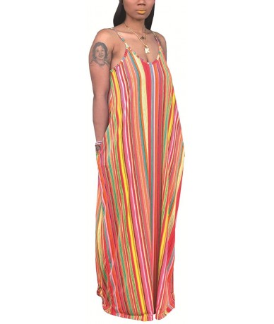 Cover-Ups Women's Sexy Maxi Long Dresses Casual Spaghetti Strap Striped Floor Length Plus Size Long Sundress Pockets - Orange...