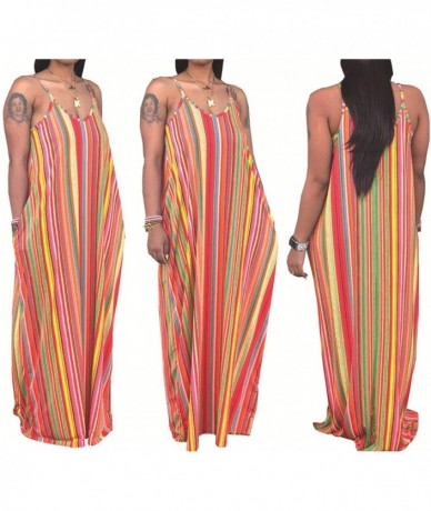 Cover-Ups Women's Sexy Maxi Long Dresses Casual Spaghetti Strap Striped Floor Length Plus Size Long Sundress Pockets - Orange...