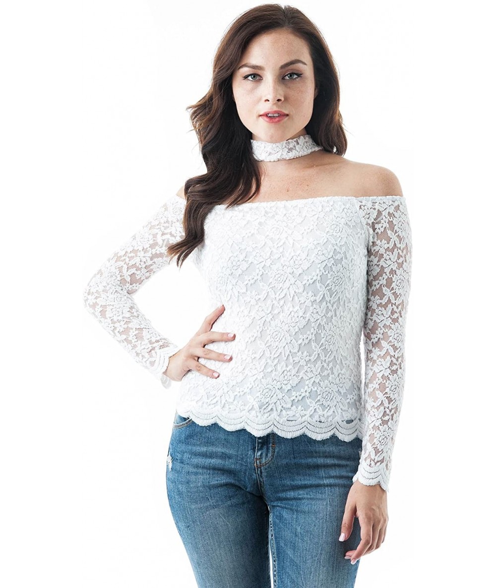 Tankinis Long Sleeve Lace Crochet Off The Shoulder Choker Back Button Keyhole Top - White - CV1870Z9N57 $23.35