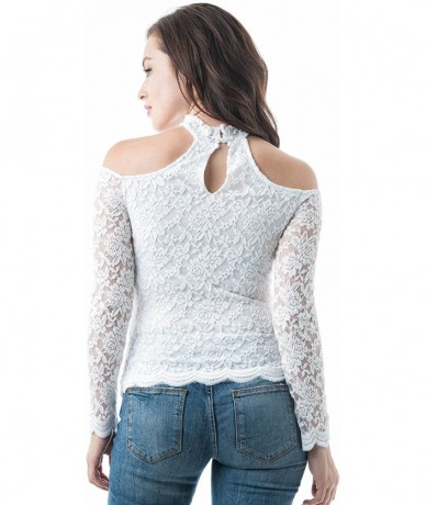 Tankinis Long Sleeve Lace Crochet Off The Shoulder Choker Back Button Keyhole Top - White - CV1870Z9N57 $23.35