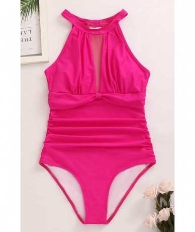 One-Pieces Women One Piece Swimsuit Sports Bathing Suits High Neck Mesh Ruched Monokini Retro Swimwear - Rose One Piece - CY1...