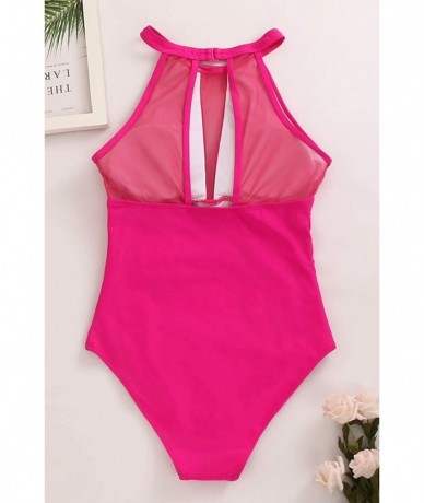 One-Pieces Women One Piece Swimsuit Sports Bathing Suits High Neck Mesh Ruched Monokini Retro Swimwear - Rose One Piece - CY1...