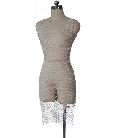 Cover-Ups Women Sexy See Through Mesh Beach Bikni Swimsuit Sleeveless Cover up Rhinestone Midi Dress - White - C918TQH92X8 $5...