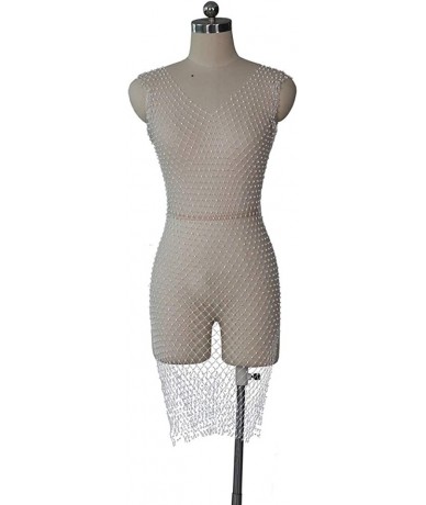 Cover-Ups Women Sexy See Through Mesh Beach Bikni Swimsuit Sleeveless Cover up Rhinestone Midi Dress - White - C918TQH92X8 $5...