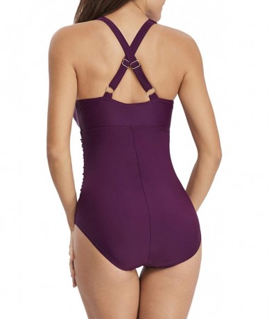 One-Pieces Womens Sexy V-Neck Tummy Control One Piece Swimsuit Criss-Cross Back Bathing Suit - Purple - CA18S8R6CHY $49.43