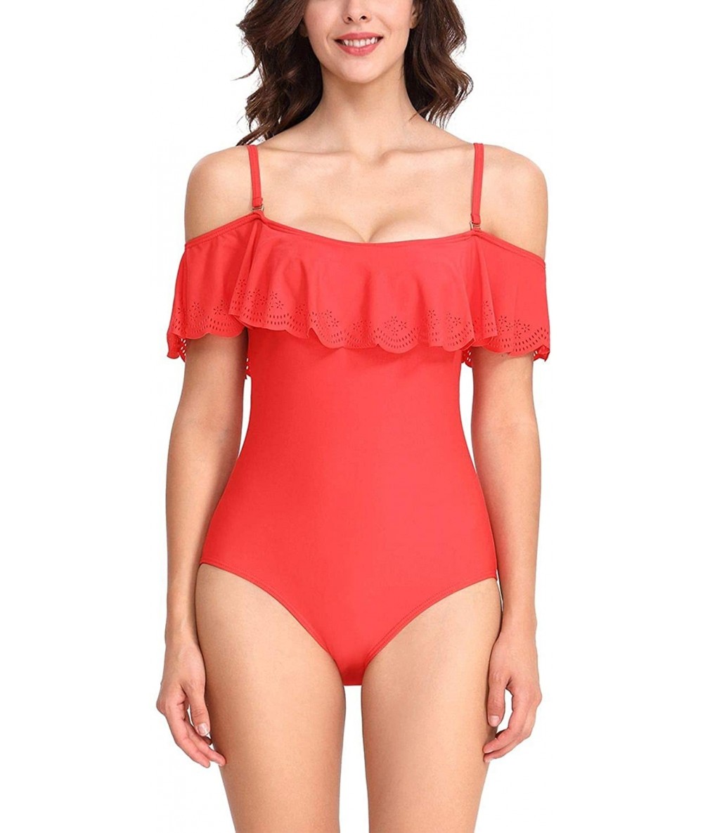 One-Pieces Womens Off Shoulder Ruffled One Piece Swimsuits Flounce Monokini Bathing Suits - Red - C318O76HMMX $42.76