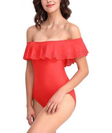 One-Pieces Womens Off Shoulder Ruffled One Piece Swimsuits Flounce Monokini Bathing Suits - Red - C318O76HMMX $42.76