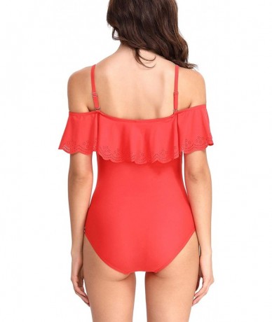 One-Pieces Womens Off Shoulder Ruffled One Piece Swimsuits Flounce Monokini Bathing Suits - Red - C318O76HMMX $42.76