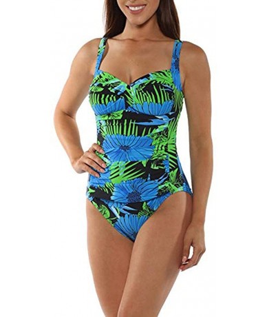 Racing Women's Solid Floral Design Shirred Tummy Control One Piece Bikini Tankini Set Swimsuit Swimwear Bathing Suits Blue - ...