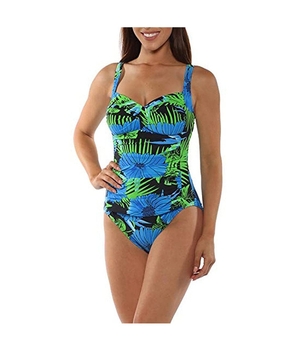 Racing Women's Solid Floral Design Shirred Tummy Control One Piece Bikini Tankini Set Swimsuit Swimwear Bathing Suits Blue - ...