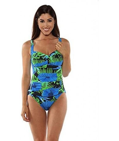 Racing Women's Solid Floral Design Shirred Tummy Control One Piece Bikini Tankini Set Swimsuit Swimwear Bathing Suits Blue - ...