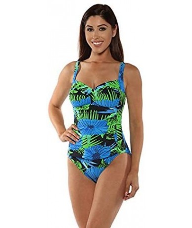 Racing Women's Solid Floral Design Shirred Tummy Control One Piece Bikini Tankini Set Swimsuit Swimwear Bathing Suits Blue - ...