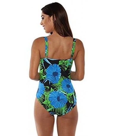 Racing Women's Solid Floral Design Shirred Tummy Control One Piece Bikini Tankini Set Swimsuit Swimwear Bathing Suits Blue - ...