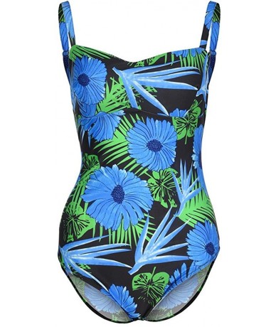 Racing Women's Solid Floral Design Shirred Tummy Control One Piece Bikini Tankini Set Swimsuit Swimwear Bathing Suits Blue - ...