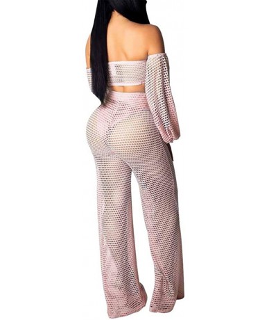 Sets Women's Two Piece Outfits Mesh Beach Bikini Swimsuit Cover up Off Shoulder Crop Top Wide Leg Long Pants Set Pink - CD18Q...