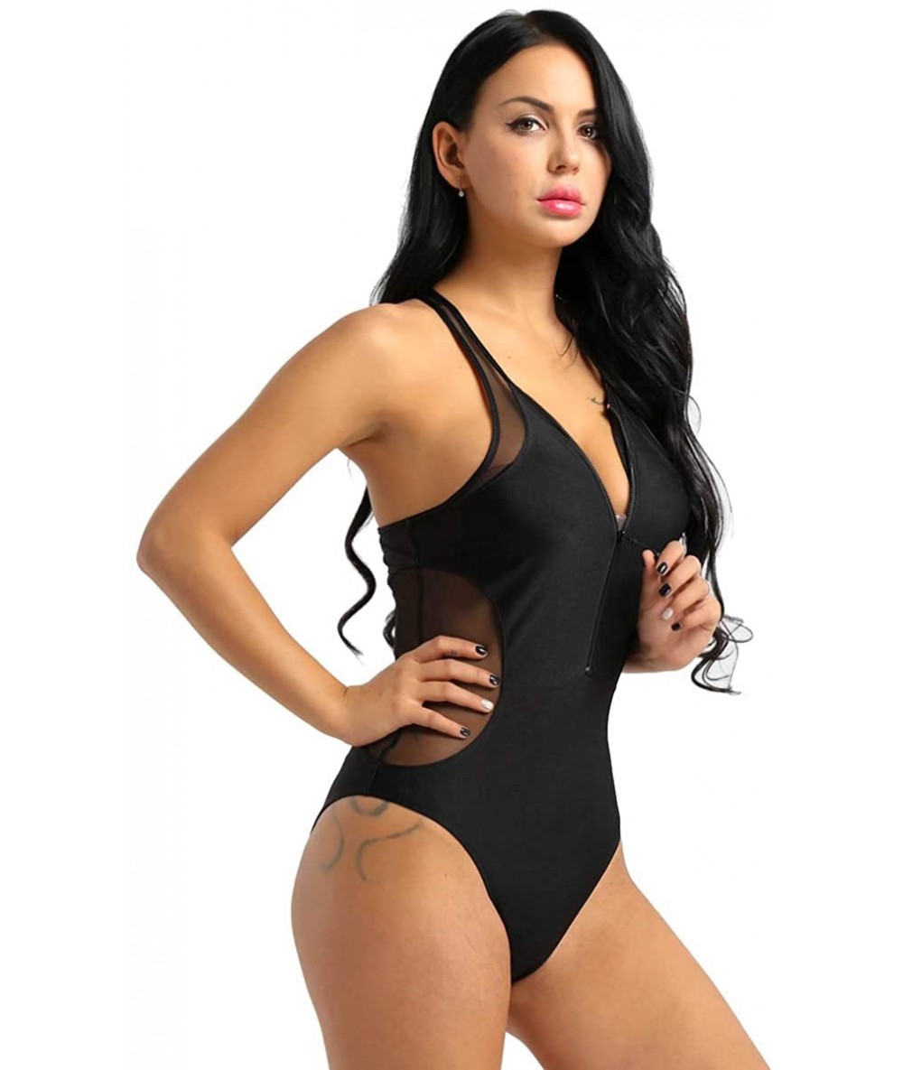 One-Pieces Women's Mesh Side One Piece Swimsuit Zipper Front Swimwear Bathing Suit - Black - C018RLU8RD8 $35.71