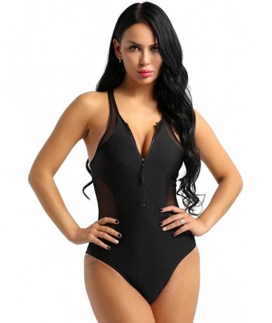 One-Pieces Women's Mesh Side One Piece Swimsuit Zipper Front Swimwear Bathing Suit - Black - C018RLU8RD8 $35.71