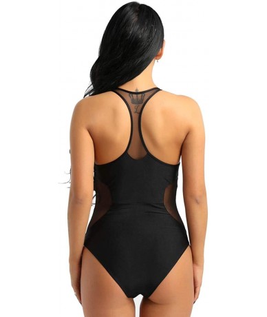 One-Pieces Women's Mesh Side One Piece Swimsuit Zipper Front Swimwear Bathing Suit - Black - C018RLU8RD8 $35.71