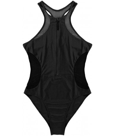 One-Pieces Women's Mesh Side One Piece Swimsuit Zipper Front Swimwear Bathing Suit - Black - C018RLU8RD8 $35.71