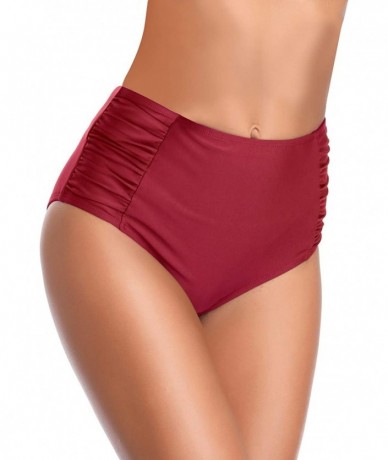 Bottoms Women's Retro High Waisted Bikini Bottom Ruched Side Swim Short Tankinis - Wine Red - C218KRK49YD $35.72