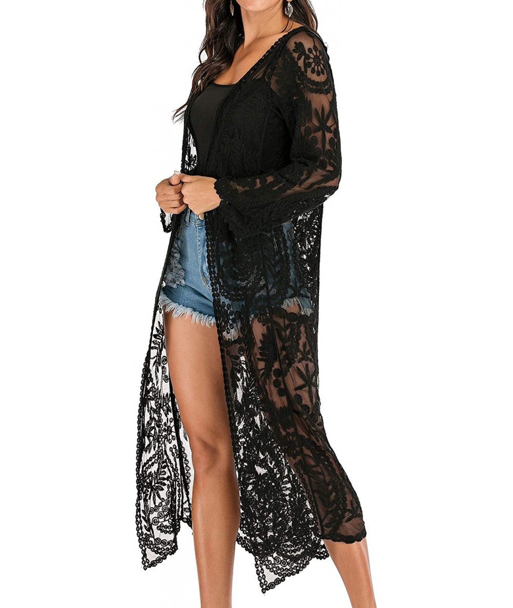 Cover-Ups Women's Lace Cardigan Long Bathing Suit Cover Up Maxi Boho Sheer Kimono - Black - CW18A5ZEZ3I $44.15