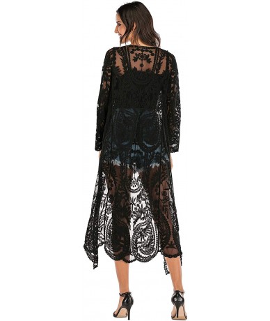 Cover-Ups Women's Lace Cardigan Long Bathing Suit Cover Up Maxi Boho Sheer Kimono - Black - CW18A5ZEZ3I $44.15