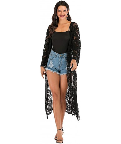 Cover-Ups Women's Lace Cardigan Long Bathing Suit Cover Up Maxi Boho Sheer Kimono - Black - CW18A5ZEZ3I $44.15